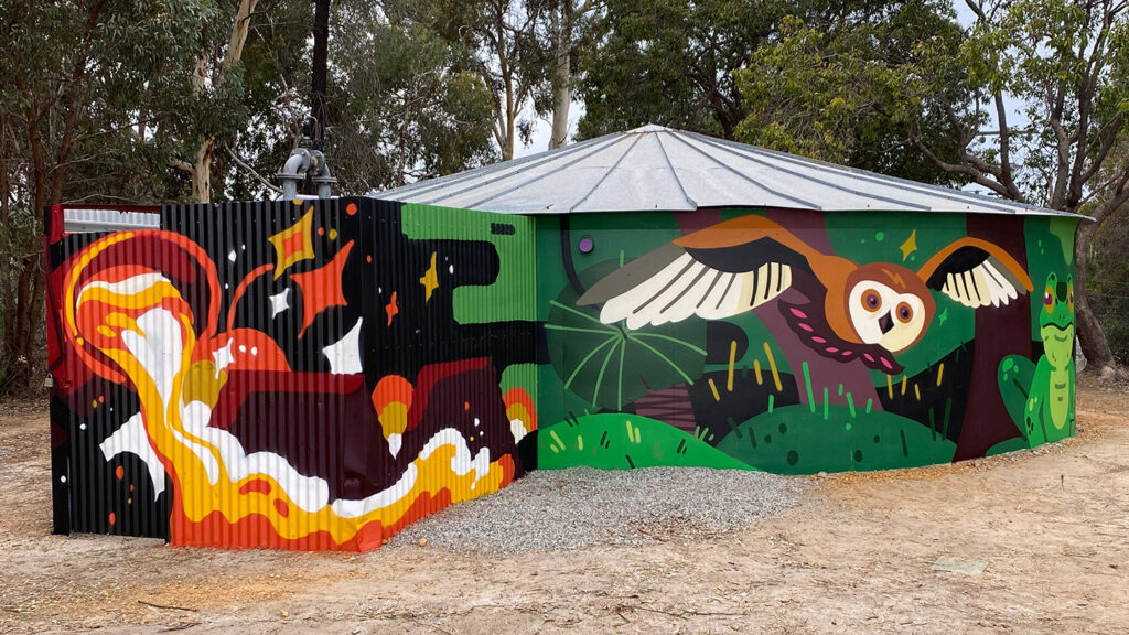 “Tanked” - Wundowie Watertank Community - Mural artwork for the Shire of Northam by Darren Hutchens and Lawry Halden